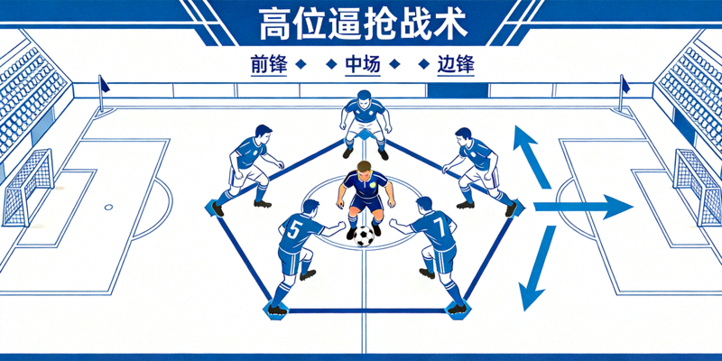 足球比赛高位逼抢战术示意图 - 球员在前场围抢对手持球队员